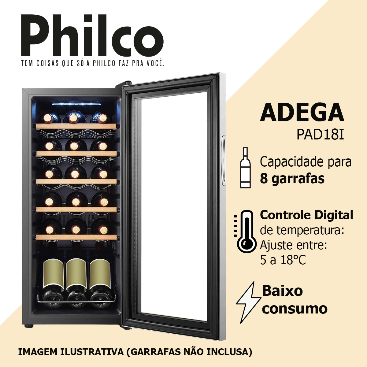 Adega Climatizada Para 18 Garrafas Iluminação Led Porta de Vidro PAD18I ...