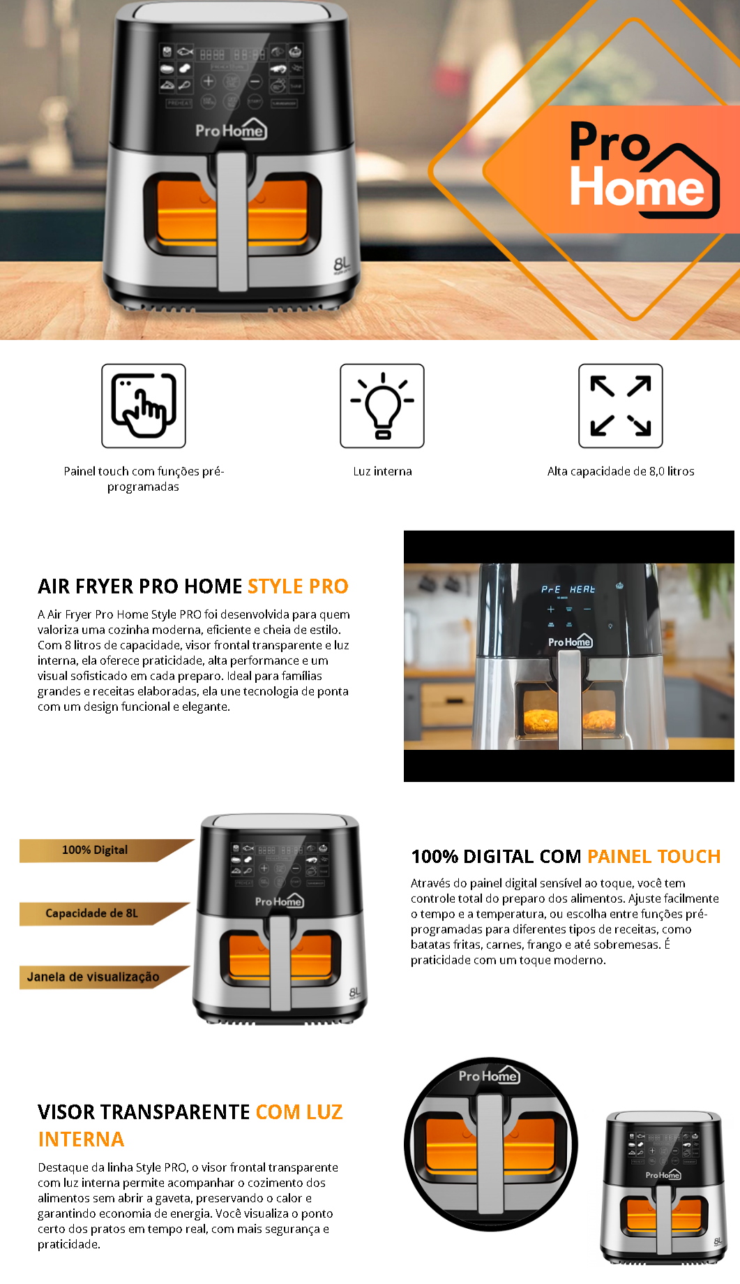 Air Fryer Fritadeira Elétrica ProHome Style PRO 8L, Digital, Preto