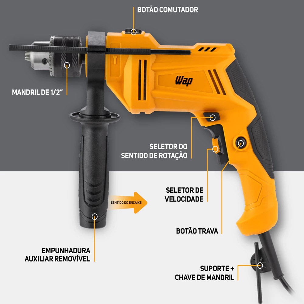 Parafusadeira e Furadeira de Impacto WF 700K10 W2 WAP Mandril de 3/8" Potência de 700W + Maleta