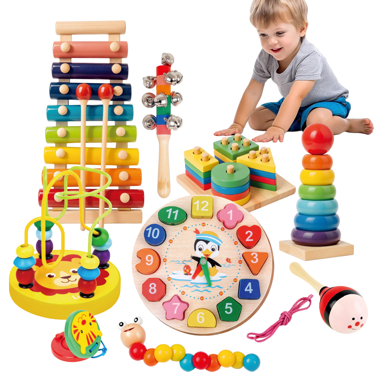Brastoy Kit De 9 Brinquedos Montessori Em Madeira, 3+ Anos, Xilofone E ...