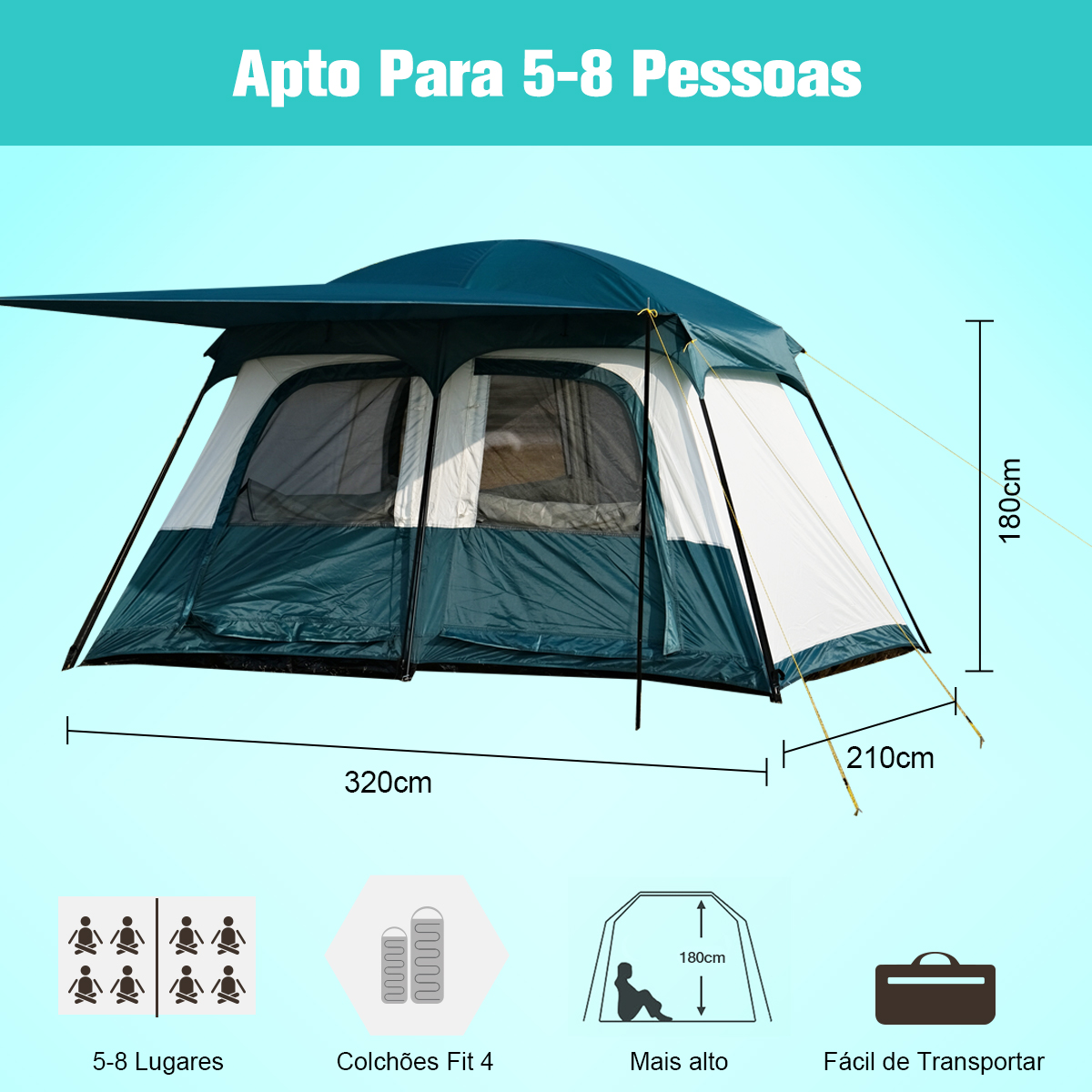 Barraca Camping 5-8 Pessoas Tenda Impermeável Família Resistente com ...