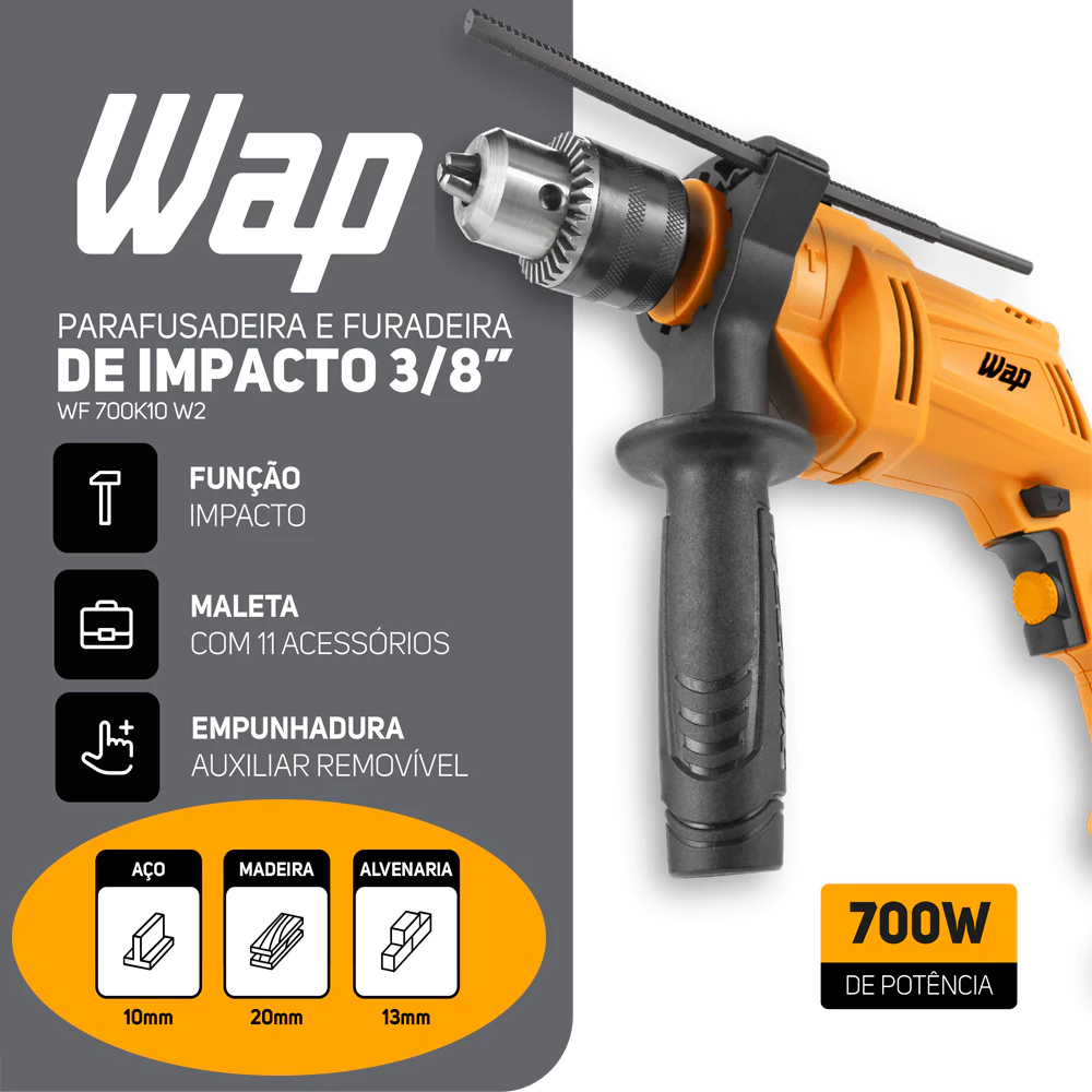 Parafusadeira e Furadeira de Impacto WF 700K10 W2 WAP Mandril de 3/8" Potência de 700W + Maleta