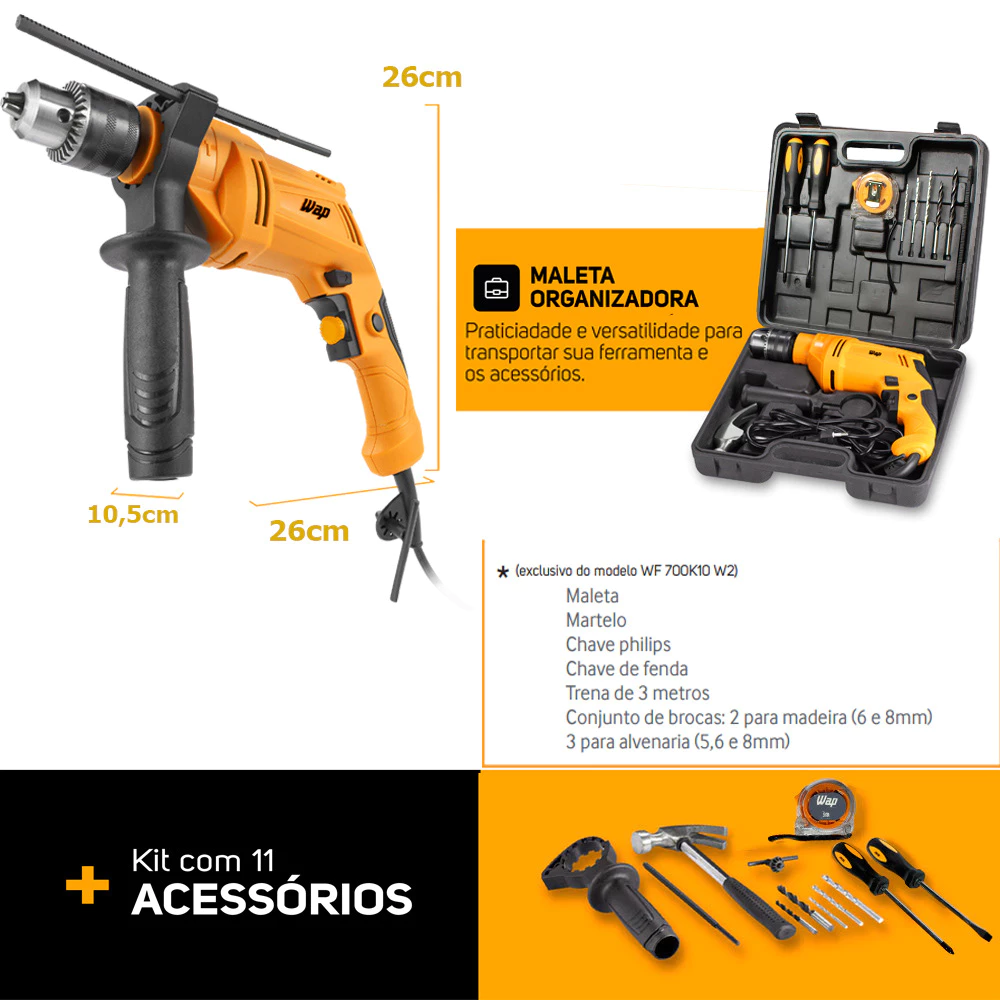 Parafusadeira e Furadeira de Impacto WF 700K10 W2 WAP Mandril de 3/8" Potência de 700W + Maleta
