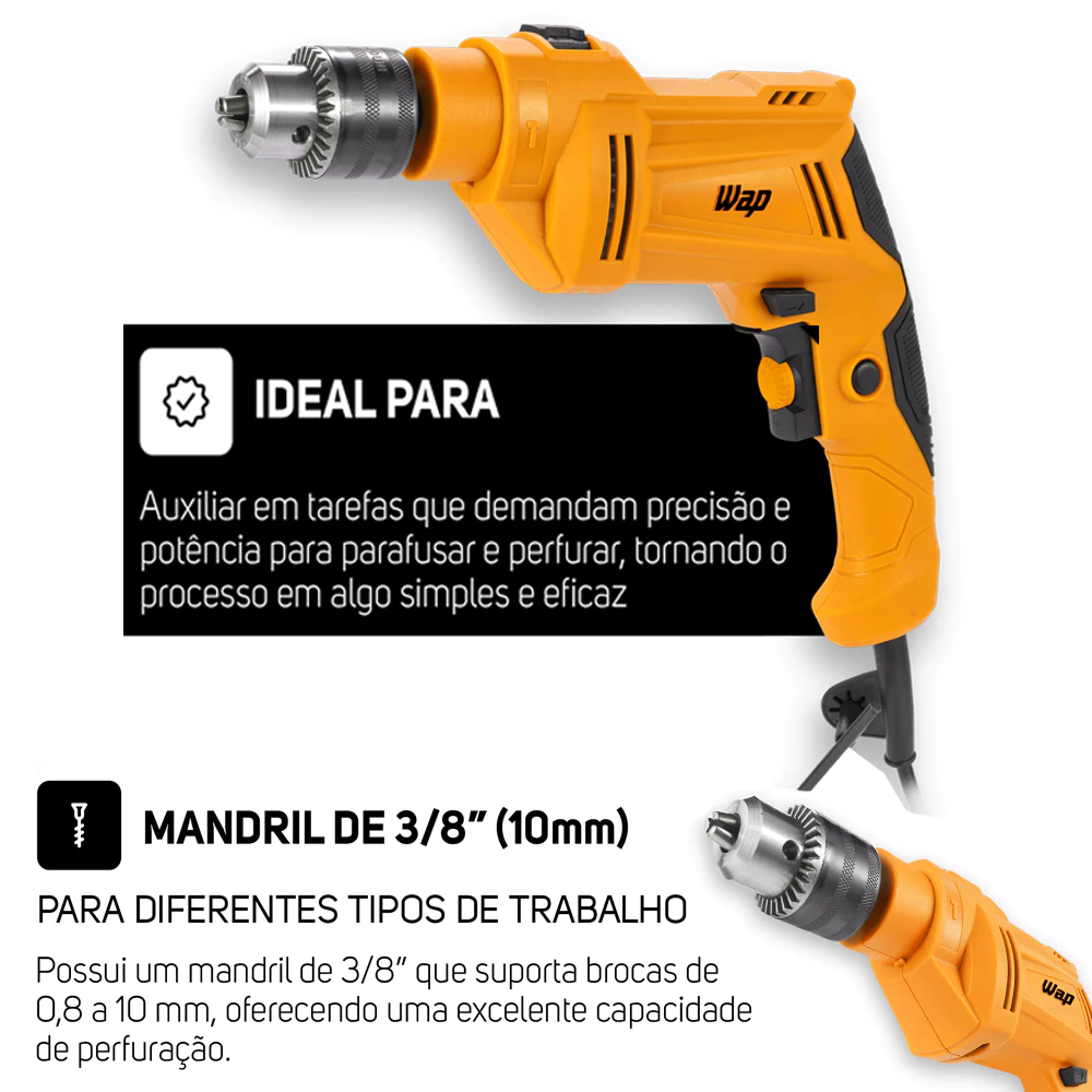 Parafusadeira e Furadeira de Impacto WF 700K10 W2 WAP Mandril de 3/8" Potência de 700W + Maleta