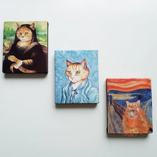 Quadrinhos decorativos obras famosas com rosto de gatinho. Van Gogh, o grito e Mona lisa.