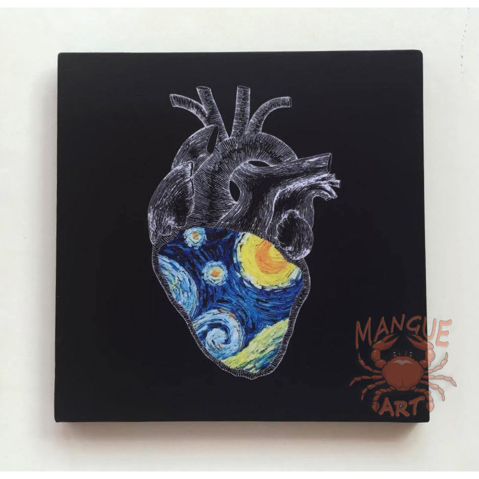 Quadrinho decorativo tela Van Gogh Noite estrelada releitura em coração.