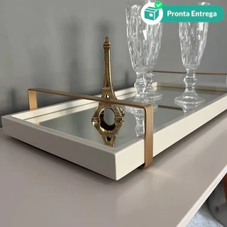 Bandeja Espelhada Off White Laqueada Com Alças Para Sala de Estar e Jantar