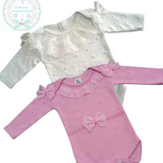 Body manga longa bebe menina com renda e perola