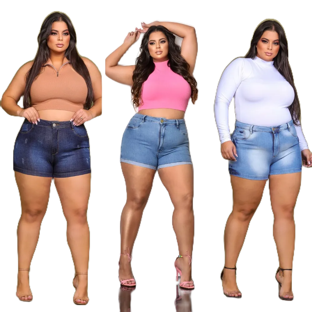 Short Jeans Plus Size Feminino Luxo Com Lycra Cintura Alta Barra Normal com Lycra veste 48 ao 54