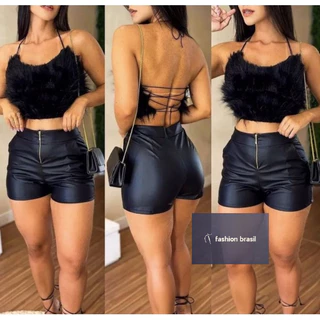 Short Feminino de Couro Cintura Alta Couro Fake Cirre Zíper Frontal Cintura Alta
