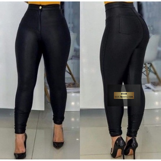 Leggings femininas de couro Wetlook cintura alta aparência de couro  sintético com bolsos