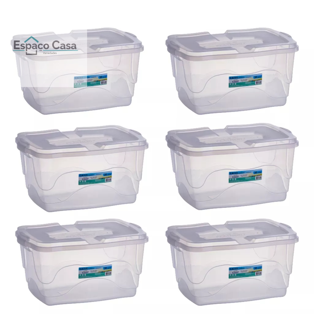 Kit 3 Caixas Organizadoras com Tampa e Travas 20L Transparente