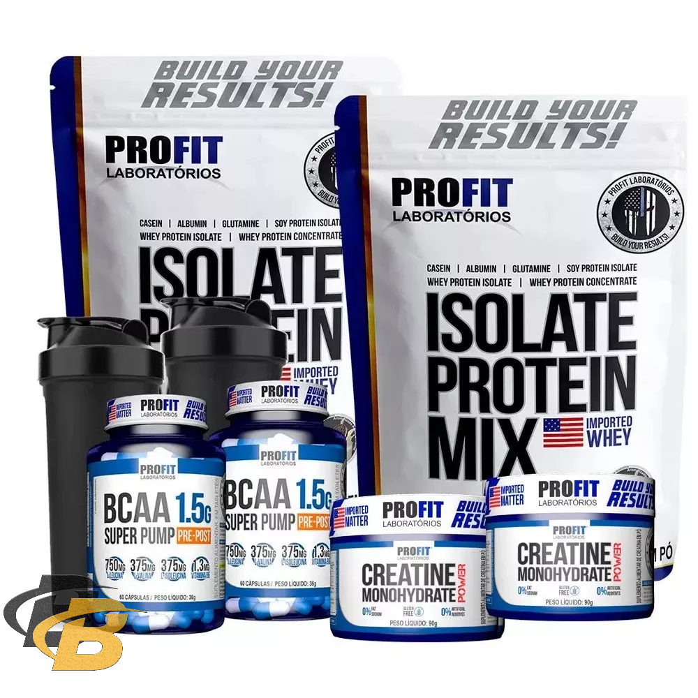 Kit 2 Whey Isolado Profit 900g + 2 Bcaa 2 Creatina 2 Shaker