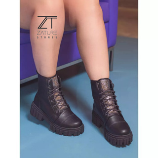 Coturno Botas Feminina Cadarço Brilho Strass Tratorado Plataforma Ultra Conforto Zature Cano Alto