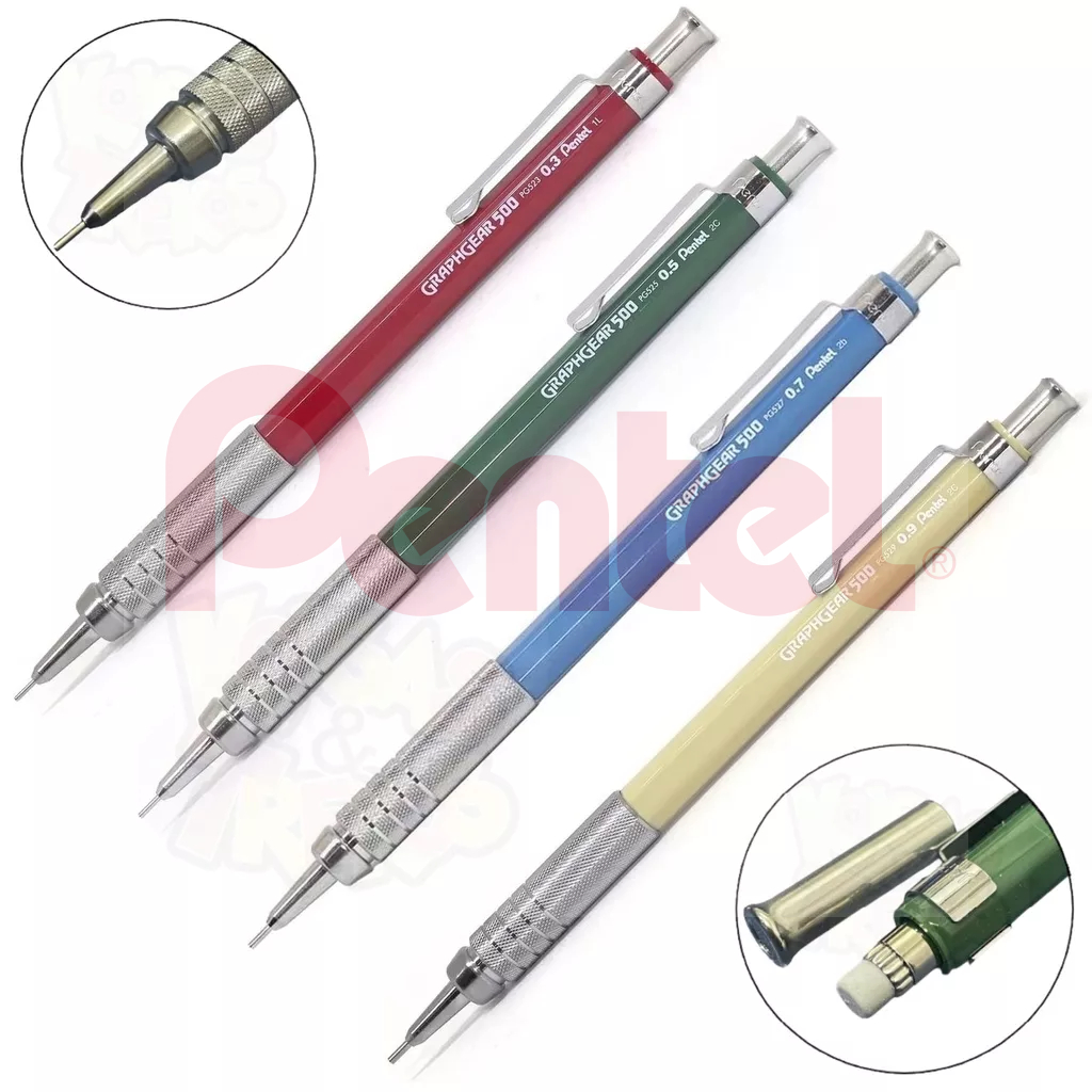 Lapiseira Técnica Pentel Graphgear 500 0.3, 0.5, 0.7, 0.9 Profissional - Cores Novas