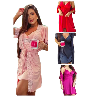 Hobby + Camisola Renda Lingerie Robe Roupão Feminino Pijama Dormir 241 e  297 em Promoção na Americanas