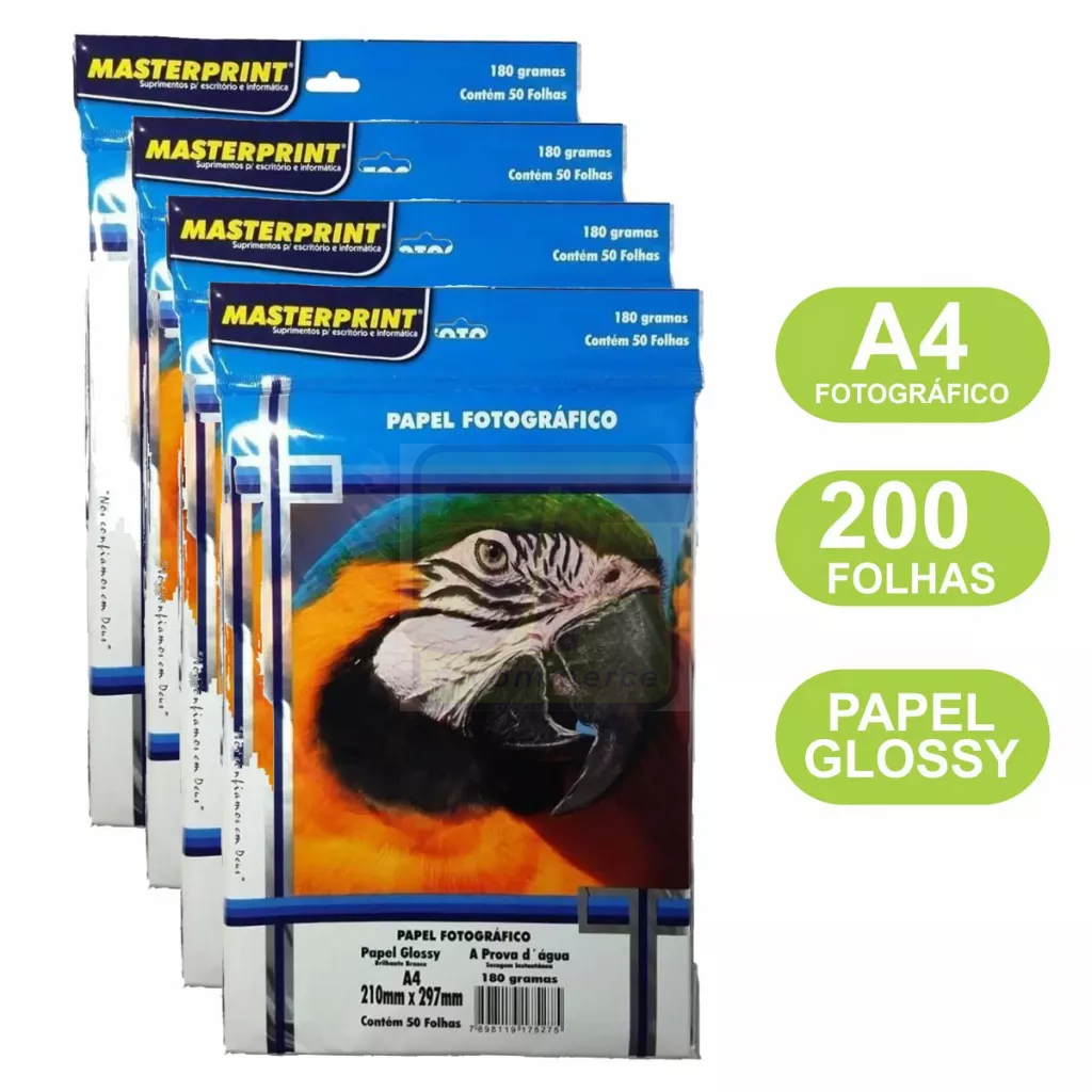 Papel Fotográfico 180g A4 Kit 200 folhas Glossy Resistente a Água - Masterprint