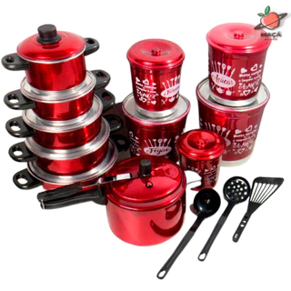 Jogo de Panelas 5 Peças Alumínio + 5 Potes de Mantimentos + Panela de Pressão 4,5L Vermelho Premium Verniz