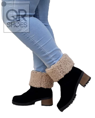 Bota Feminina Preta Forrada com Lã Salto Médio Tratorada Inverno Quentinha
