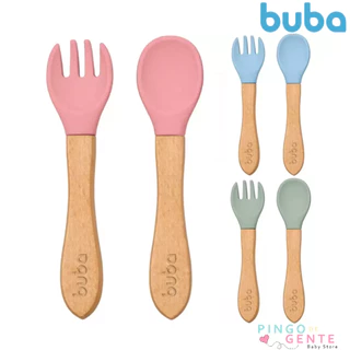Kit 2 Talheres Garfo E Colher Bebê Em Silicone E Bambu Buba
