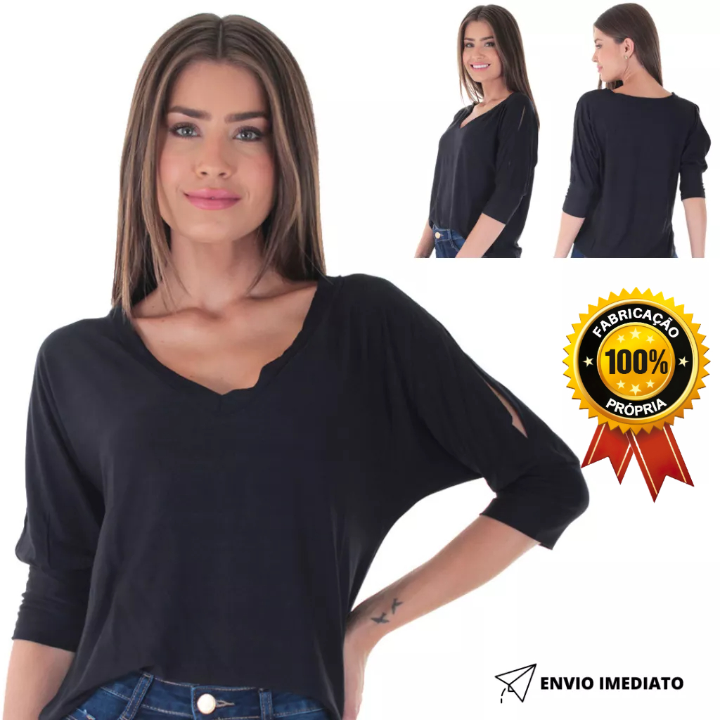 Blusa Feminina Ombro Vazado Gola V Manga Longa Lisa Qualidade Tx20 ...