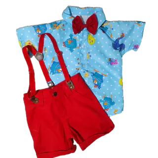 roupa GALINHA PINTADINHA festa menino conjunto Camisa Gravata Bermuda e Suspensório
