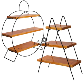 Kit 2 Prateleiras Escadinha e Redonda Roda Gigante Decorativa Suporte Doces Ferro Madeira