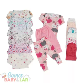 Kit 6 Peças Body Bebê Manga Longa e Calça Mijão Liso e Estampado 3 Conjuntos Pé Reversível