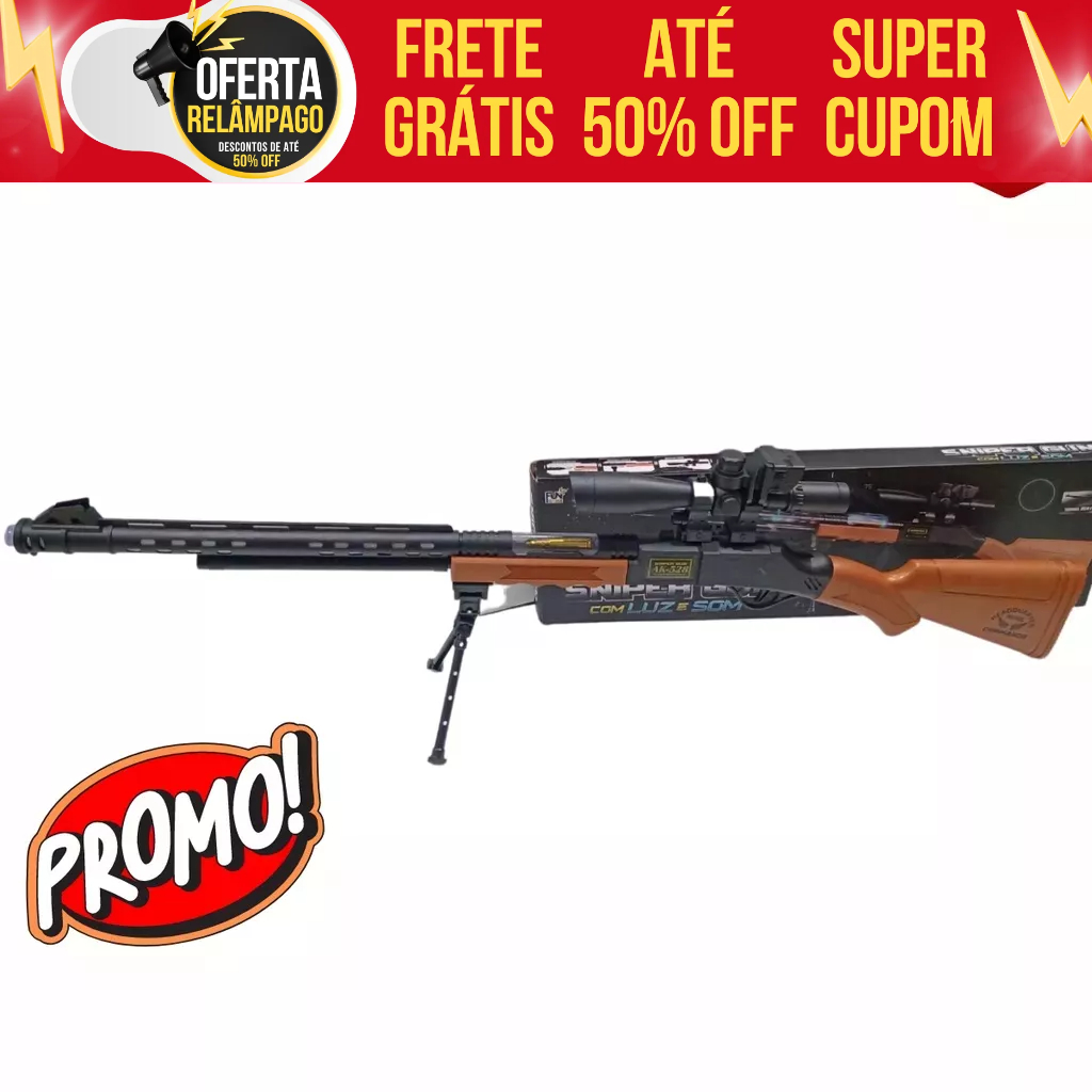 Rifle sniper de brinquedo de madeira com mira telescópica isolada no fundo  branco