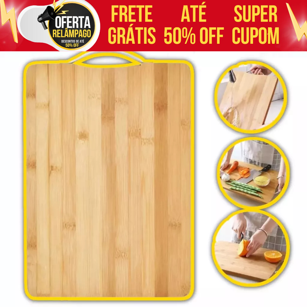 Tabua De Carne Para Churrasco Grande Bambu Alça Inox 30cm x 22cm