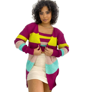 Conjunto de frio Kimono colorido com cropped de tricô feminino Cardigans moda outono inverno