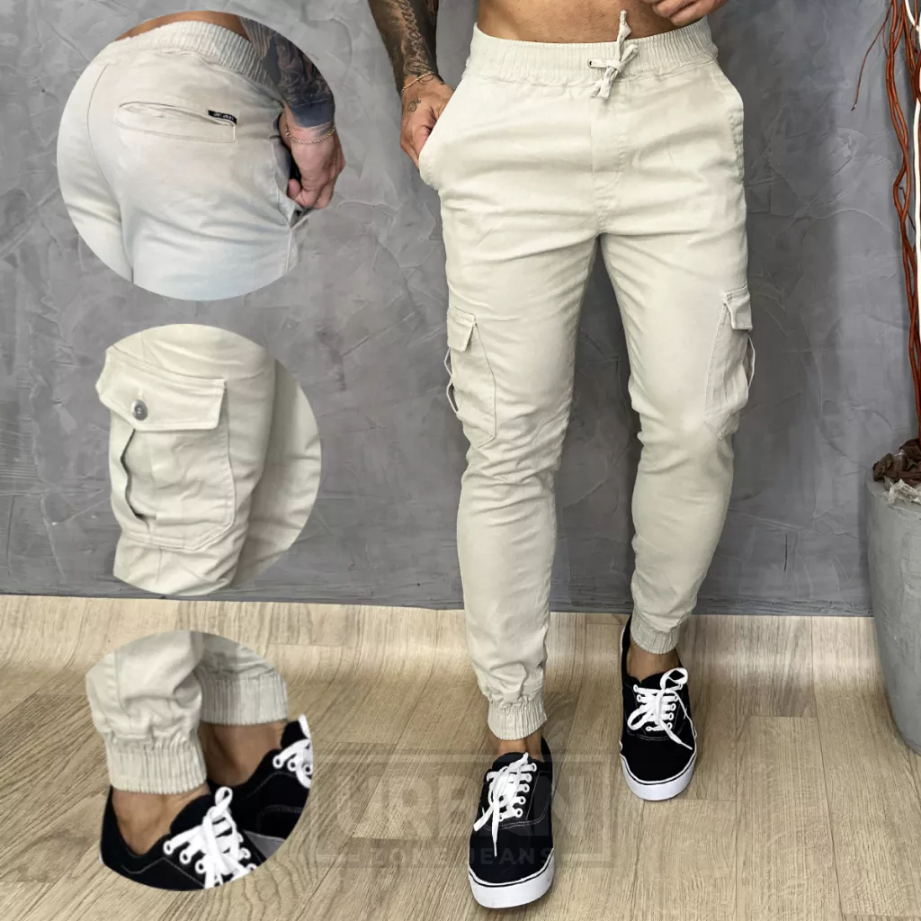 Calça Cargo Masculina Sarja Jogger Slim com Cordão Bolso Embutido Bolso Faca