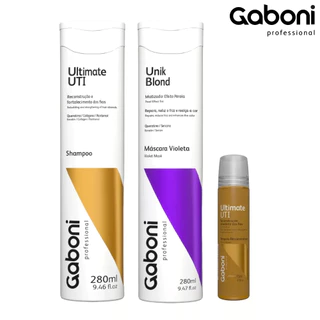 Tratamento matizador para cabelos loiros: Máscara Violeta (Efeito Pérola) + Shampoo Reconstutor + Ampola Reconstrutora Ultimate UTI Gaboni
