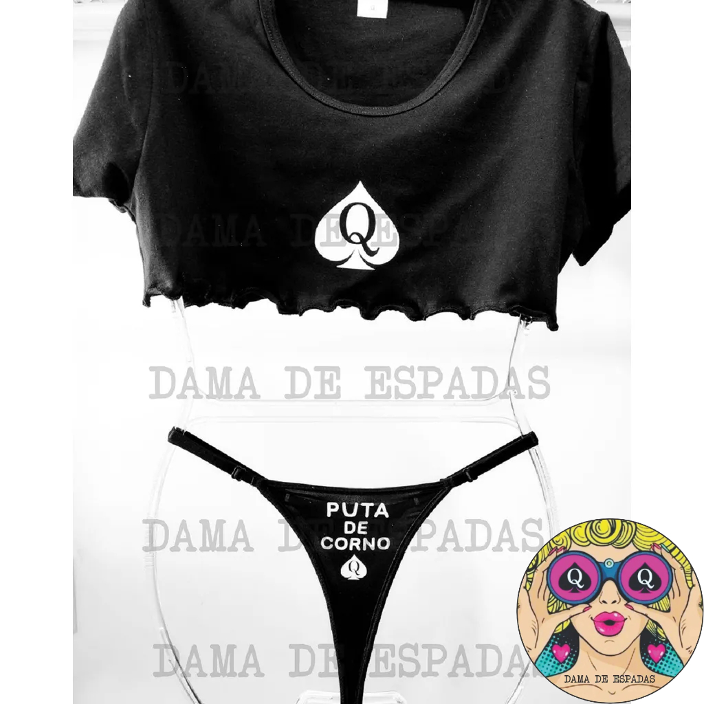 Conjunto fetiche Underboob preta com estampa 03 em branco +Calcinha preta com estampa P de C. em branco.