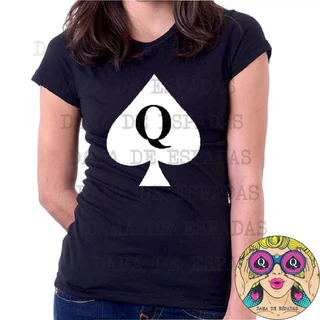 Camiseta Algodão preta MODELO BABY LOOK com estampa DAMA DE ESPADAS 01