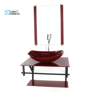 GABINETE DE VIDRO PARA BANHEIRO 60CM AP CUBA OVAL CHANFRADA VERMELHO CEREJA FULL COM TORNEIRA CROMADA