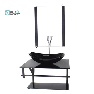 GABINETE DE VIDRO PARA BANHEIRO 60CM AP CUBA OVAL CHANFRADA PRETO FULL COM TORNEIRA CROMADA
