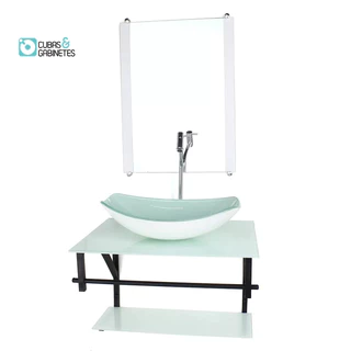 GABINETE DE VIDRO PARA BANHEIRO 60CM AP CUBA OVAL CHANFRADA BRANCO FULL COM TORNEIRA CROMADA