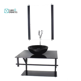 GABINETE DE VIDRO PARA BANHEIRO 60CM AP CUBA REDONDA PRETO FULL COM TORNEIRA CROMADA