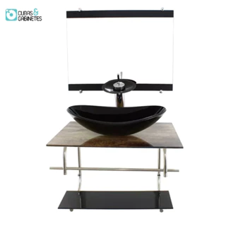 GABINETE DE VIDRO INOX PARA BANHEIRO 60CM OVAL MADEIRA RÚSTICA