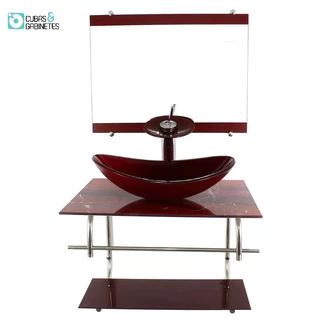 GABINETE DE VIDRO INOX PARA BANHEIRO 60CM OVAL MÁRMORE AVERMELHADO