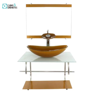 GABINETE DE VIDRO INOX PARA BANHEIRO 60CM OVAL MÁRMORE BRANCO DOURADO