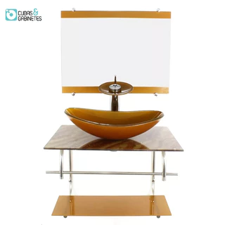 GABINETE DE VIDRO INOX PARA BANHEIRO 60CM OVAL MÁRMORE MARFIM