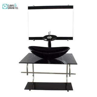 GABINETE DE VIDRO INOX PARA BANHEIRO 60CM OVAL MÁRMORE PRETO