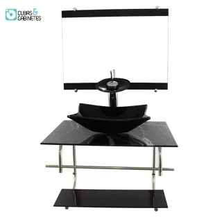 GABINETE DE VIDRO INOX PARA BANHEIRO 60CM RETANGULAR MÁRMORE PRETO