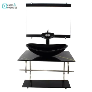GABINETE DE VIDRO INOX PARA BANHEIRO 60CM OVAL MÁRMORE PRETO DOURADO