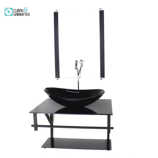 GABINETE DE VIDRO PARA BANHEIRO 60CM AP CUBA OVAL PRETO FULL COM TORNEIRA CROMADA