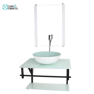 GABINETE DE VIDRO PARA BANHEIRO 60CM AP CUBA REDONDA BRANCO FULL COM TORNEIRA CROMADA