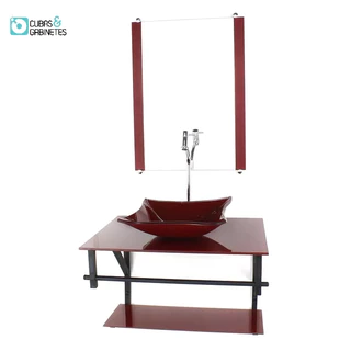 GABINETE DE VIDRO PARA BANHEIRO 60CM AP CUBA QUADRADA VERMELHO CEREJA FULL COM TORNEIRA CROMADA