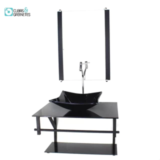 GABINETE DE VIDRO PARA BANHEIRO 60CM AP CUBA QUADRADA PRETO FULL COM TORNEIRA CROMADA